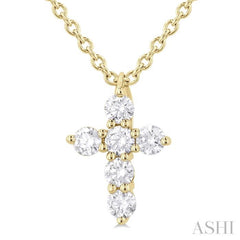 1/6 Ctw Round Cut Diamond Christian Cross 6-Stone Fashion Pendant With Chain in 14K Yellow Gold