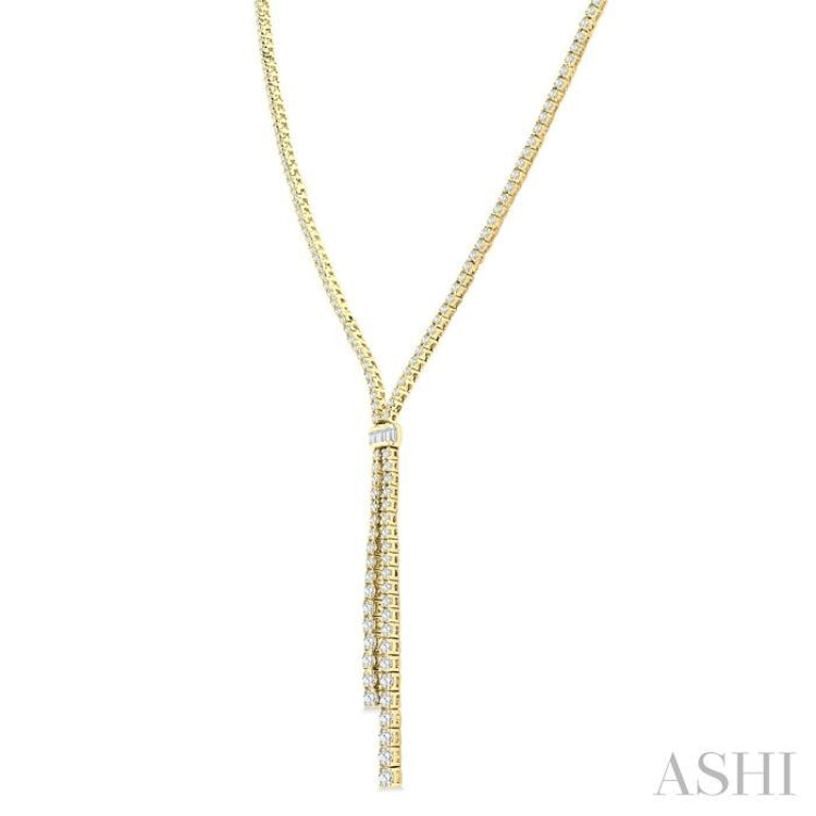 3 Ctw Split Y-Shape Baguette and Round Cut Diamond Lariat Necklace in 14K Yellow Gold
