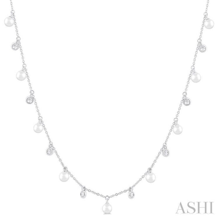 4 MM Round Shape Cultured Pearl and 1/4 Ctw Round Cut Diamond Station Necklace in 14K White Gold