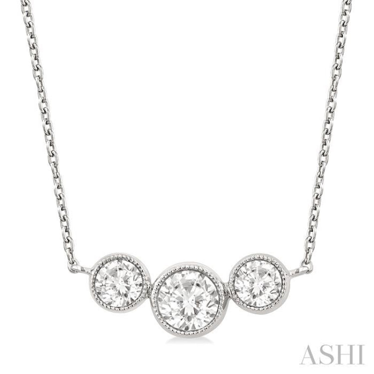 1 Ctw Past, Present & Future 3-Stone Bezel Set Round Cut Diamond Necklace in 14K White Gold