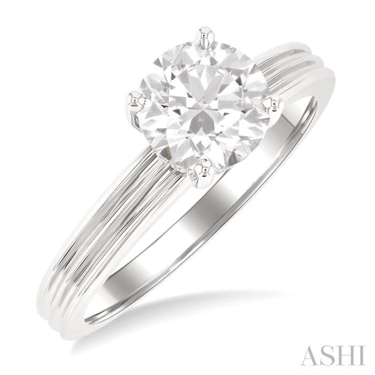 1/20 Ctw Circular Shape Grooved Shank Round Cut Diamond Semi-Mount Engagement Ring in 14K White Gold
